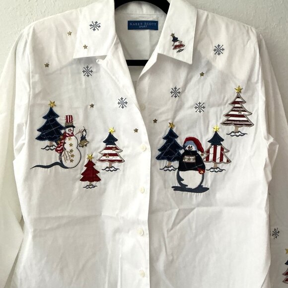 VINTAGE KAREN SCOTT EMBROIDERED CHRISTMAS BUTTON DOWN SHIRT - Picture 4 of 16
